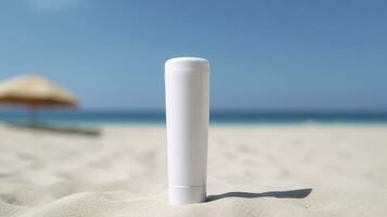 Blank empty white plastic tube. Sunscreen lotion on a sandy beach, summer composition with sunglasses, blue sea as background, copy space. Summer vacation and skin care concept, AI Generative photo