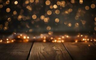 Christmas bokeh background, wooden background with bokeh, glitter stars, rustic wood, and Backdrop for product presentation. AI Generative photo