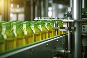 Conveyor belt, Beverage factory of fruit juice product for processing and bottling. AI Generative photo