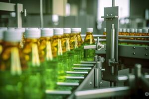 Conveyor belt, Beverage factory of fruit juice product for processing and bottling. AI Generative photo