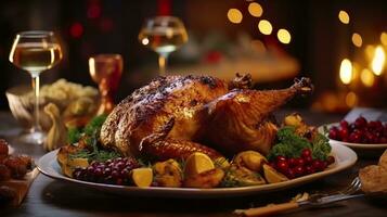 Juicy and tasty roast turkey on a plate with Christmas decorations. Roasted chicken with vegetables, Roast chicken party, all kinds of food, beer. AI Generative photo