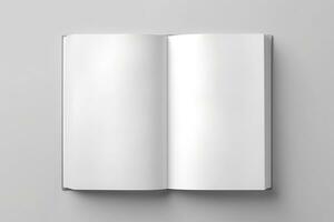 Blank opened book mockup, top view, isolated on white background. Generative AI photo