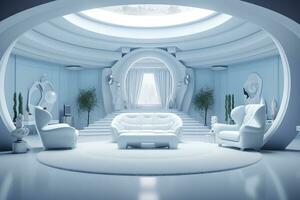 A professional and eye catching light blue with white living room in the metaverse, futuristic, AI Generative photo