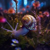 Iridescent Snail in a Fairy Forest, Close Up of a Shimmering Shell. AI Generative photo