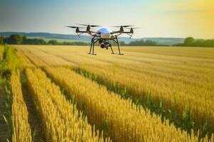 Drone monitoring crops and smart agriculture in a digital farming.  AI Generative photo