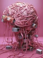 Big pink human brain with many audio jack cables plugged in this barin, 3d render, AI Generative photo