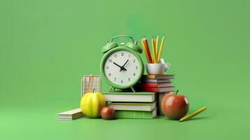 popular Arte ilustración de colegio accesorios con manzanas, libros, y un alarma reloj en el colegio antecedentes. espalda a colegio concepto. 3d representación, ai generativo foto