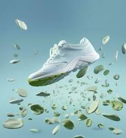 Fresh fly running shoes in water and wind in the style of natural patterns light white and light indigo ethereal illustration light blue and light green delicate still life. AI Generative photo