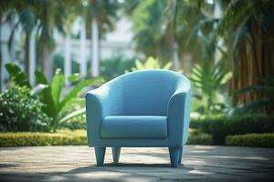 Photo of a modern light blue color armchair alone in the tropical background, AI Generative