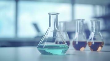 A Science Beaker in the laboratory on a table white and light blue background. laboratory equipment out of focus. AI Generative photo