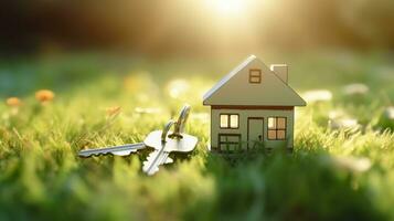 Copy space of home. Small model home on green grass with sunlight. AI Generative photo