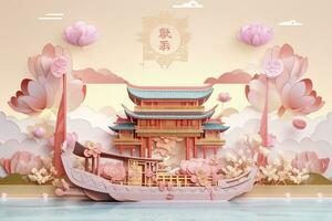 propicio nubes y Yangtze río con muchos barcos un multidimensional papel Kirigami arte ilustración en chino tradicional pintura estilo. ai generativo foto