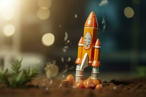 Toy rocket takes off business and finances success concept. AI Generative photo