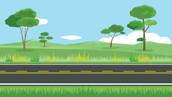 Vector or Illustrator of horizontal view of Asphalt road.  Background of trees and green grass and mountain. Under the blue sky.