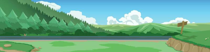 vector o ilustrador de paisaje transporte de asfalto la carretera natural área. frente ver de verde césped con la carretera señales hecho de madera. montañas y pino bosques son densamente cubierto. debajo azul cielo.
