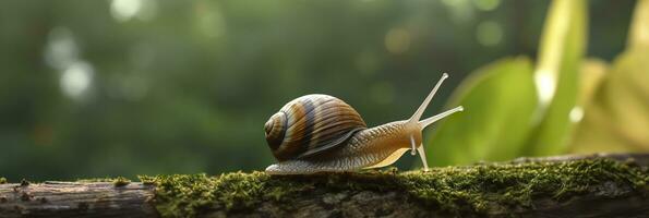 un viaje mediante el bosque. de cerca de un caracol en el bosque con natural antecedentes. ai generativo foto