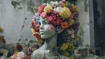 real flores cubrir un escultura en un hormigón edificio, un escultura inspirado, pastel acento colores, cadera salto escultura, ai generativo foto