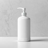 Cosmetic rounded all white soap bottle mockup on white table. AI Generative photo