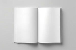 Blank opened book mockup, top view, isolated on white background. Generative AI photo