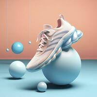 Sports shoes with a ball, clean and simple background, bright light blue background color, AI Generative photo