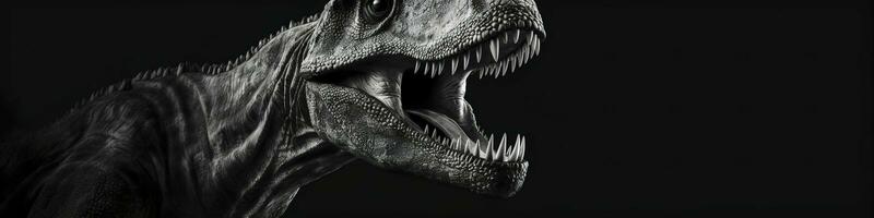 negro y blanco fotorrealista estudio retrato de un tiranosaurio rex en negro antecedentes. generativo ai foto