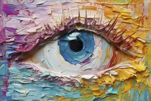 Fluorite oil painting. Conceptual abstract picture of the eye. Oil painting in colorful colors. Conceptual abstract closeup of an oil painting and palette knife on canvas. AI Generative photo