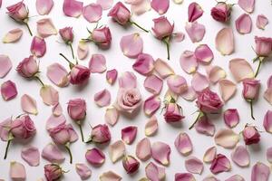 Close up of blooming pink roses flowers and petals isolated on white table background. Floral frame composition. Decorative web banner. Empty space, flat lay, top view. AI Generative photo