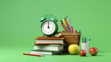 popular Arte ilustración de colegio accesorios con manzanas, libros, y un alarma reloj en el colegio antecedentes. espalda a colegio concepto. 3d representación, ai generativo foto