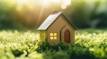 Copy space of home. Small model home on green grass with sunlight. AI Generative photo