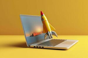 Launching a new product or service. Technology development process. Space rocket launch. 3d render. Yellow rocket lift up from the display laptop. AI Generative photo