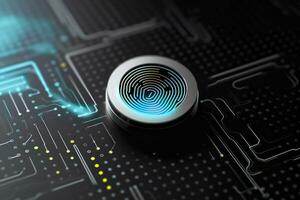 Fingerprint Authentication Button. Biometric Security. Identification and cyber security concept. Glowing neon fingerprint on dark background. AI Generative photo