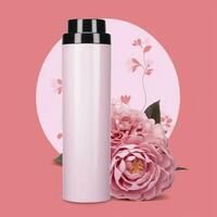 Amazon Product Picture Body Wash, Cylinder Bottle Solid Color pink background, with roses, AI Generative photo