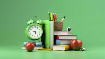 popular Arte ilustración de colegio accesorios con manzanas, libros, y un alarma reloj en el colegio antecedentes. espalda a colegio concepto. 3d representación, ai generativo foto