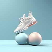 Sports shoes with a ball, clean and simple background, bright light blue background color, AI Generative photo