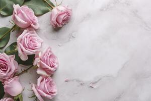 Close up of blooming pink roses flowers and petals isolated on white table background. Floral frame composition. Decorative web banner. Empty space, flat lay, top view. AI Generative photo