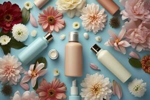 Fresh floral skincare concept. Top view flat lay of pump bottle, pipette, cream bottles, and tubes with flowers on pastel blue background with an empty circle for text or branding. AI Generative photo