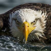 Fishing Bald Eagle, a bald eagle facing camera catches a fish out of the water, in the style of National Geographic contest winner, super telephoto close up. AI Generative photo