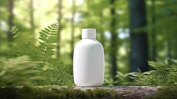 natural cosmético producto presentación entre bastidores. al aire libre bosque colocación. blanco blanco tarro champú botella. 3d. ai generativo foto