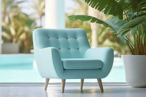 Photo of a modern light blue color armchair alone in the tropical background, AI Generative