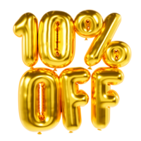 Sale tag 10 percent off. Gold letters in balloon style. 3D letters png