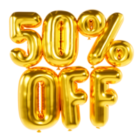 Sale tag 50 percent off. Gold letters in balloon style. 3D letters png