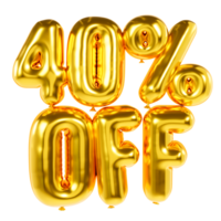 Sale tag 40 percent off. Gold letters in balloon style. 3D letters png