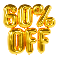 Sale tag 60 percent off. Gold letters in balloon style. 3D letters png