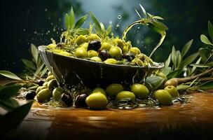 Olive oil on green olives with leaves. Created with Generative AI photo