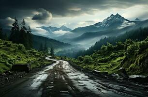 paisaje con vacío la carretera mediante bosque. viajar. creado con generativo ai foto