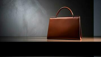 Luxury Leather Handbag and minimalistic backdrop. Created with Generative AI photo