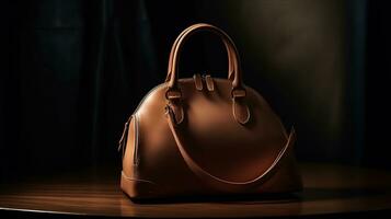 Luxury Leather Handbag and minimalistic backdrop. Created with Generative AI photo