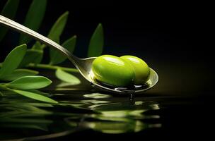 Olive oil on green olives with leaves. Created with Generative AI photo