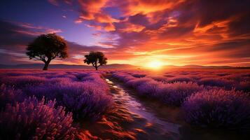 Sunset over endless lavender fields. Created with Generative AI photo