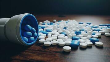 Pills tablets spilling on wood table. Created with Generative AI photo